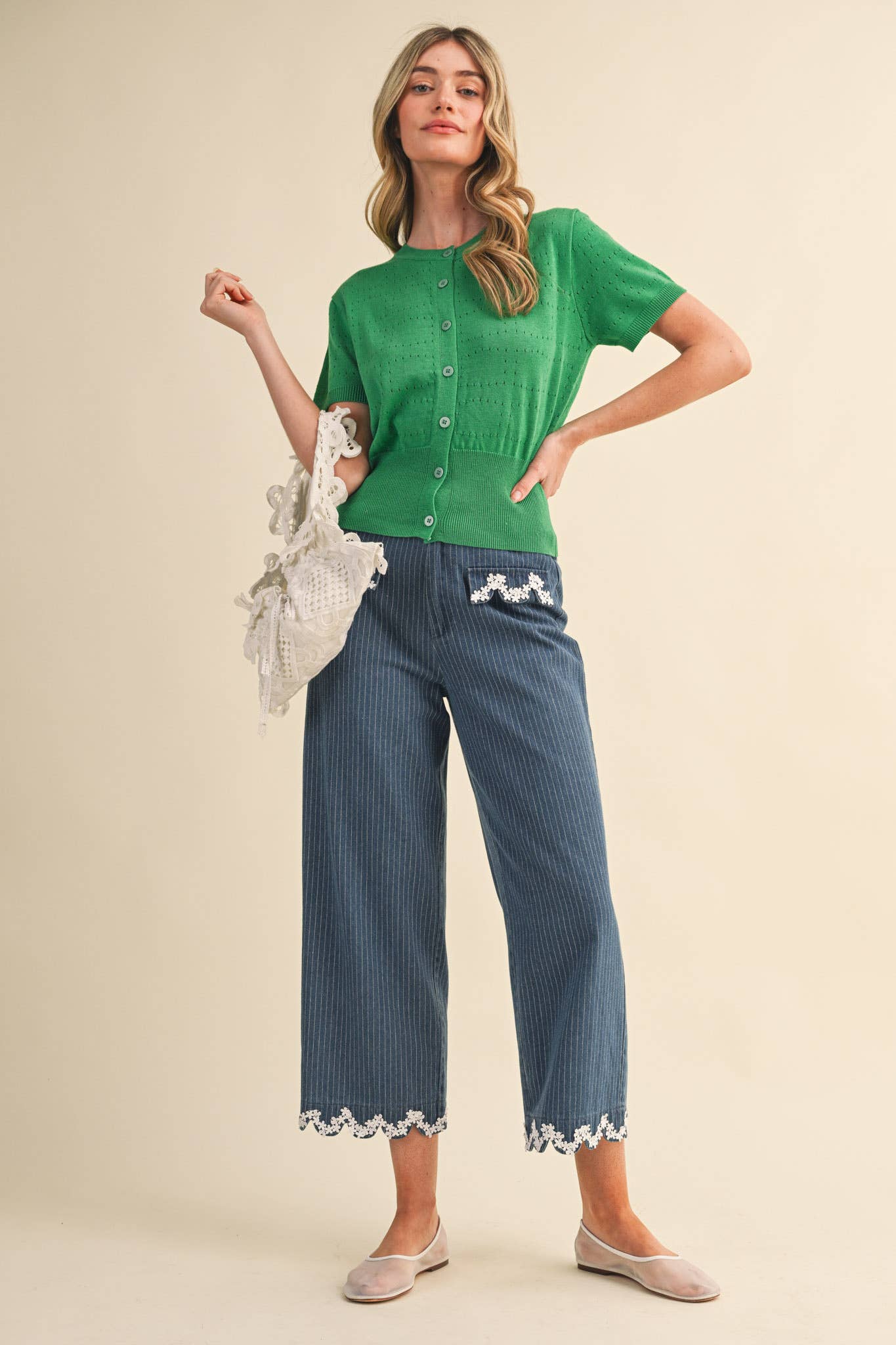 POINTELLE KNIT SHORT SLEEVE SWEATER CARDIGAN MSW11333
