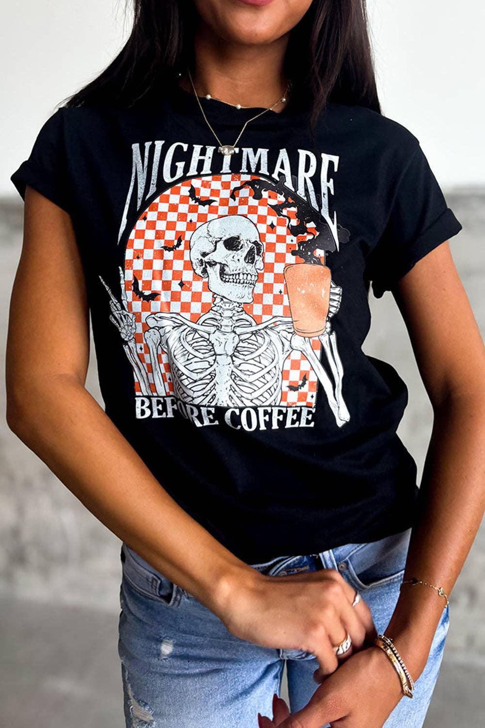 Black Coffee Skull Checkerboard Graphic Halloween Tee