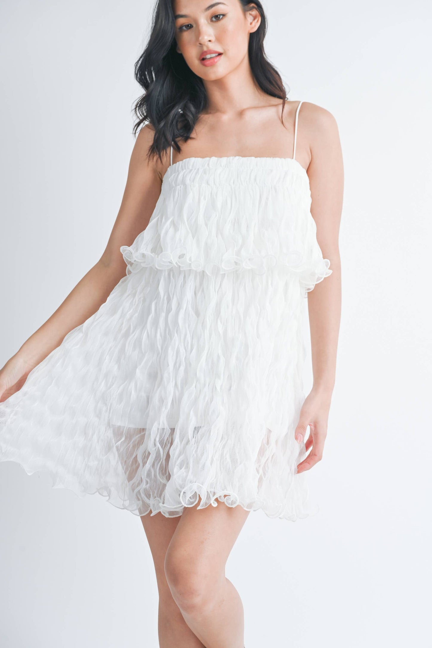 ID7877 PLEATED TULLE RUFFLED TIERED MINI DRESS