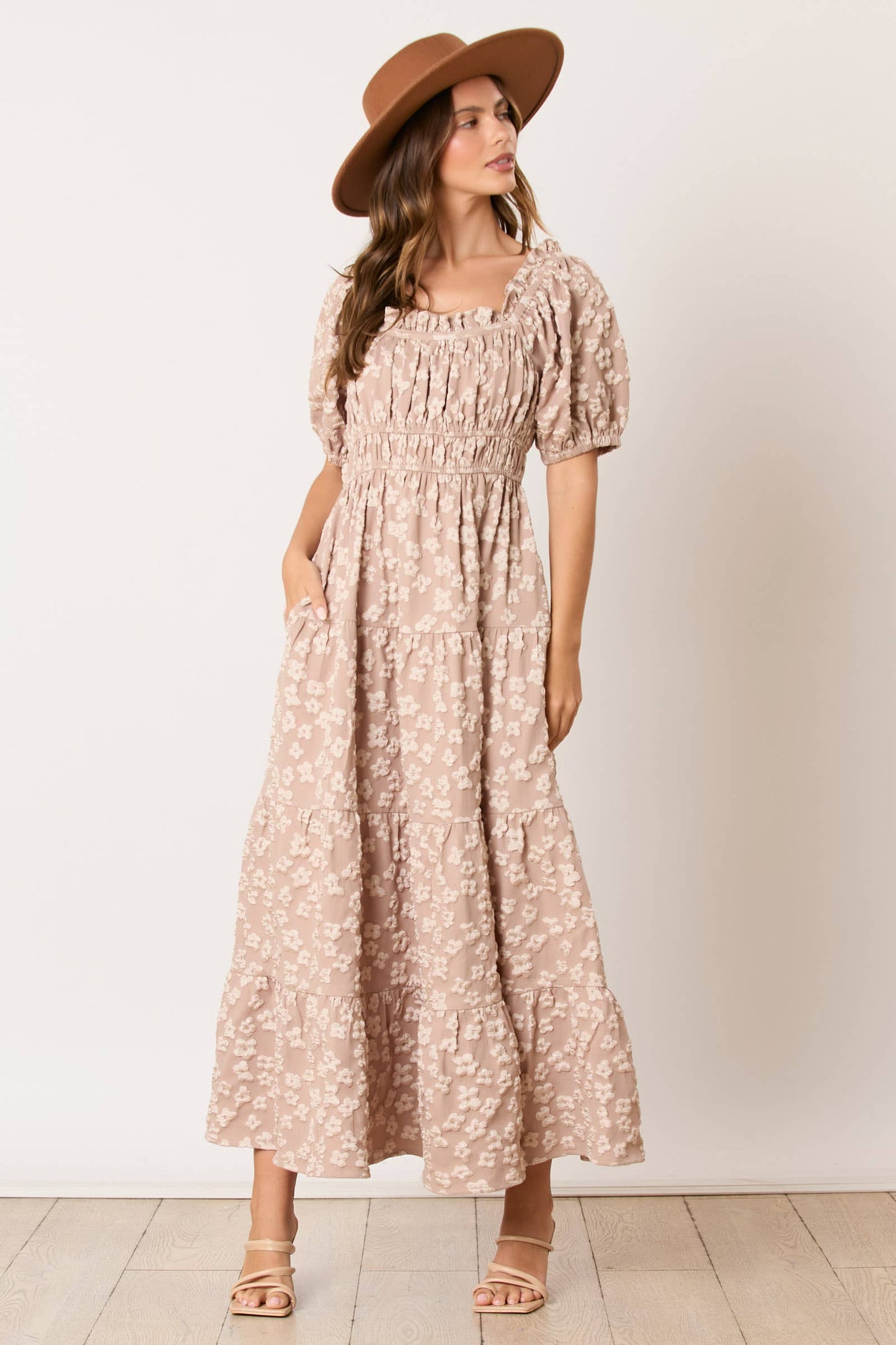 Golden Jacquard Ruffle Detail Maxi Dress - Preorders