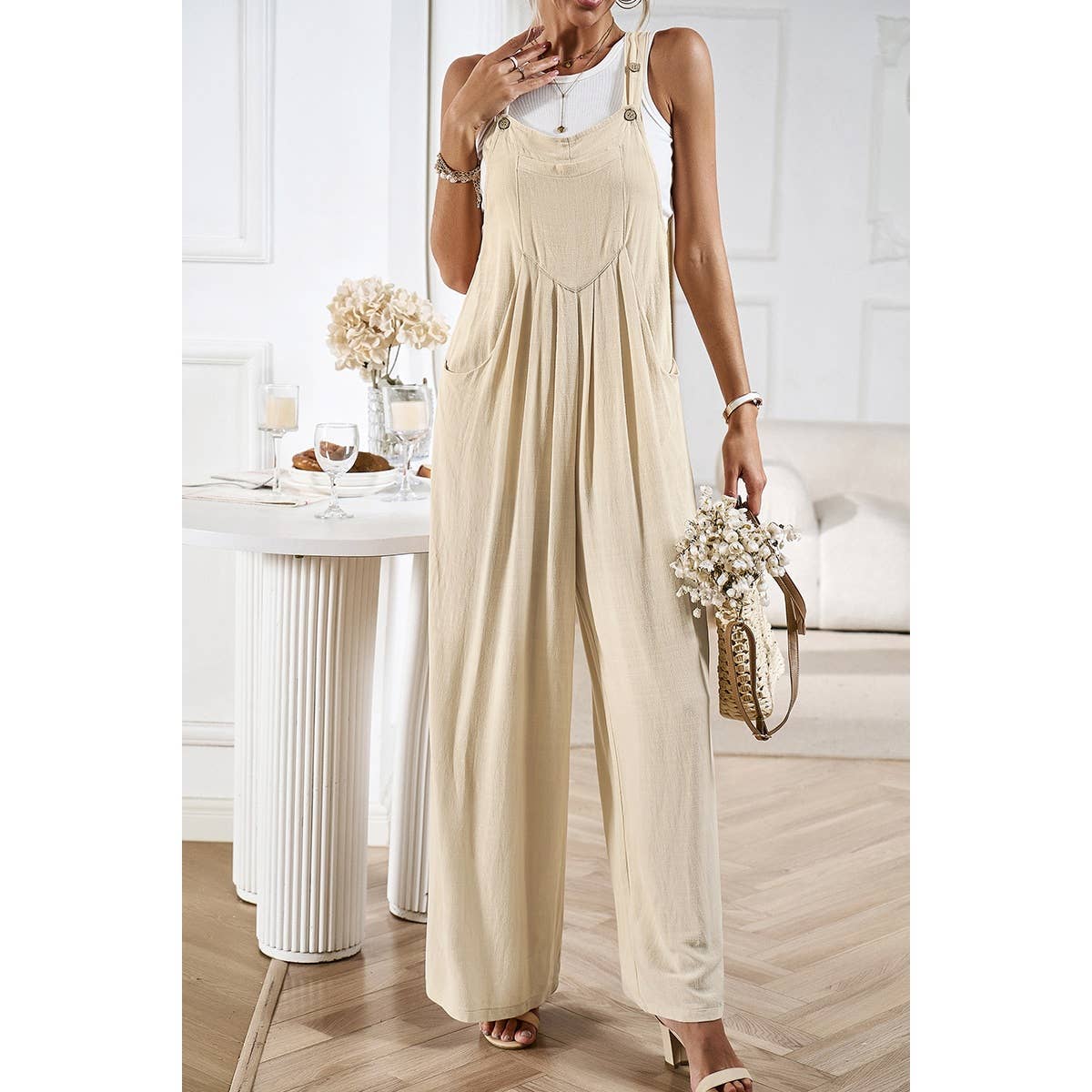 Solid Wide Leg Pocketed Shoulder Tie Overalls