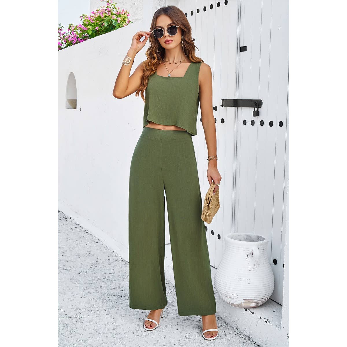 Two Pieces Square Neck Sleeveless Solid Sets