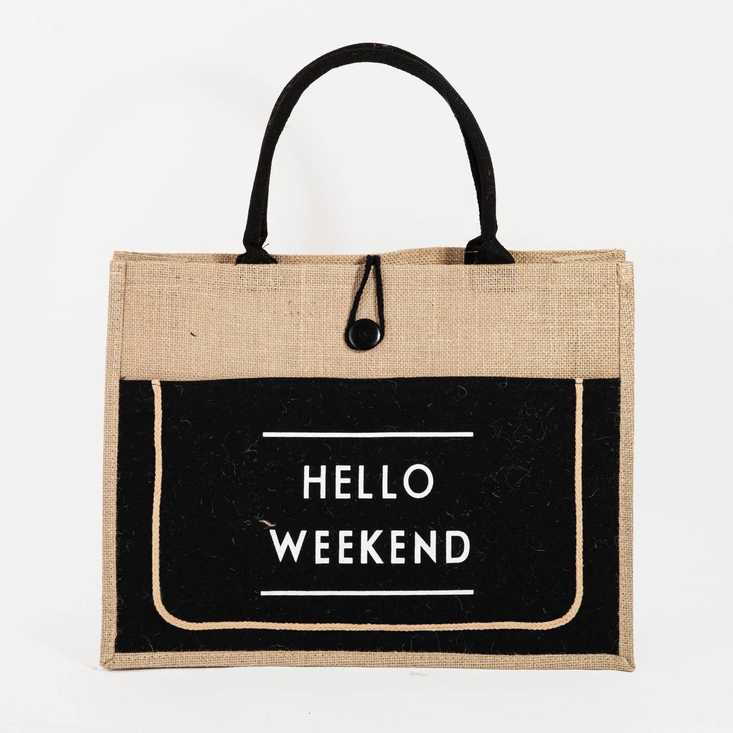 Hello Weekend Burlap Tote Bag