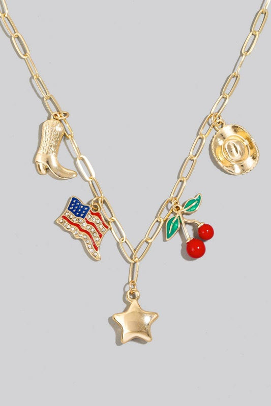 Western Star Flag And Cherry Charms Chain Necklace