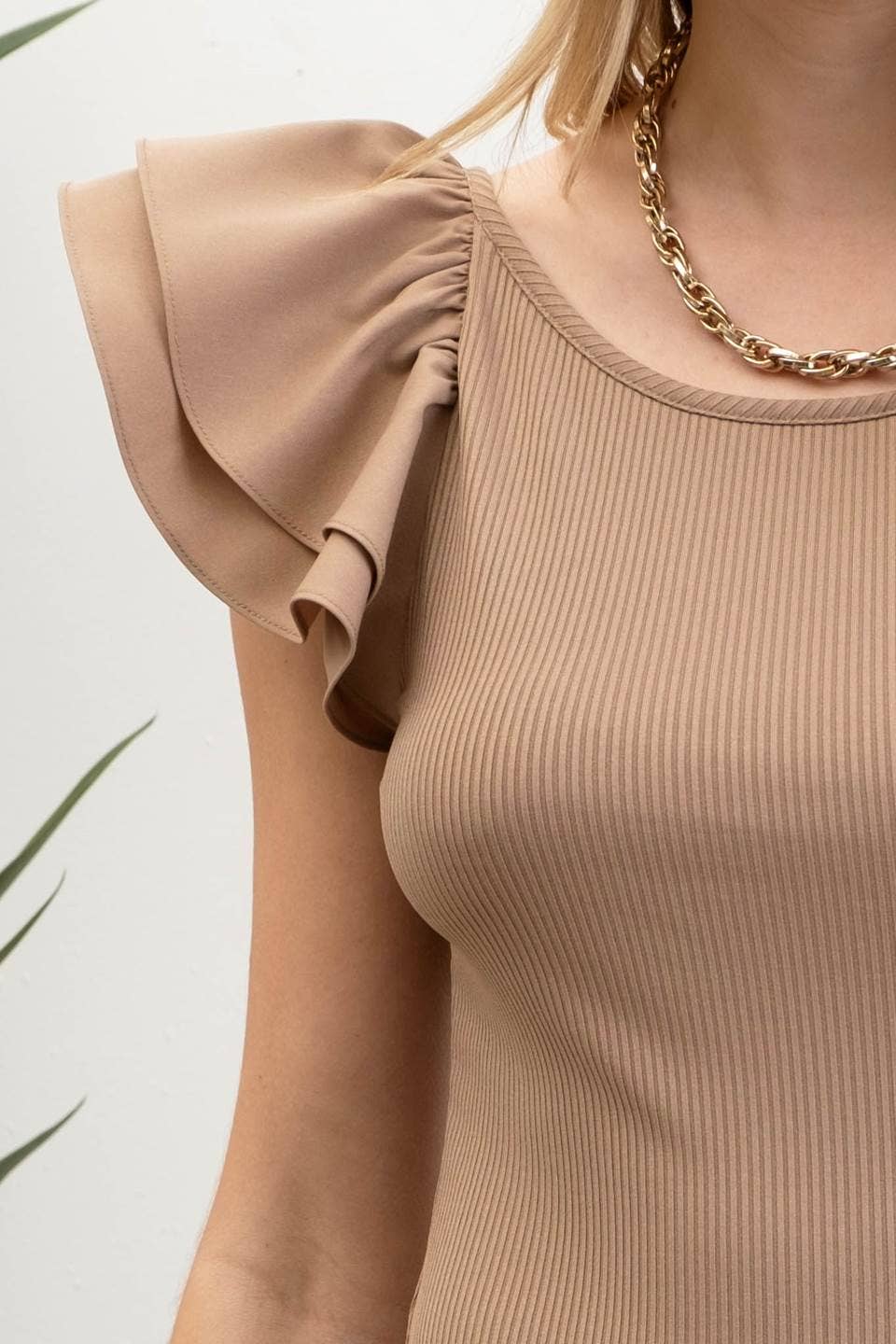 DOUBLE RUFFLE SLEEVE RIBBED KNIT TOP