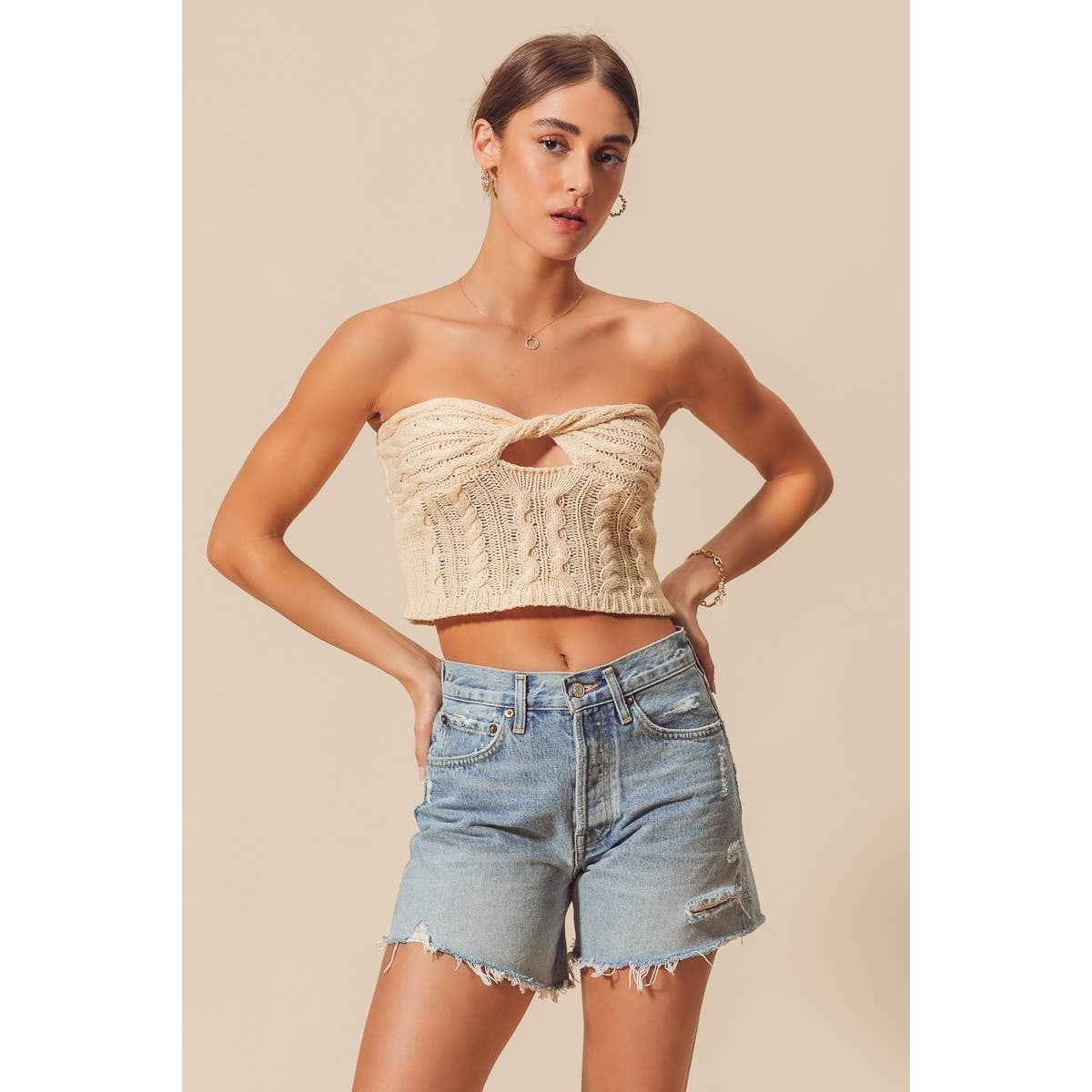 TWISTED FRONT CABLE KNIT CROCHET SUMMER TUBE TOP