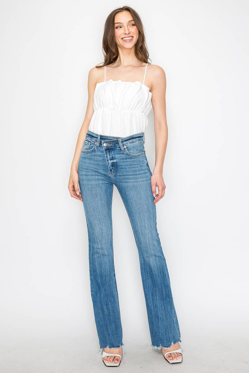 HIGH RISE CROSSOVER WAIST FLARE JEANS