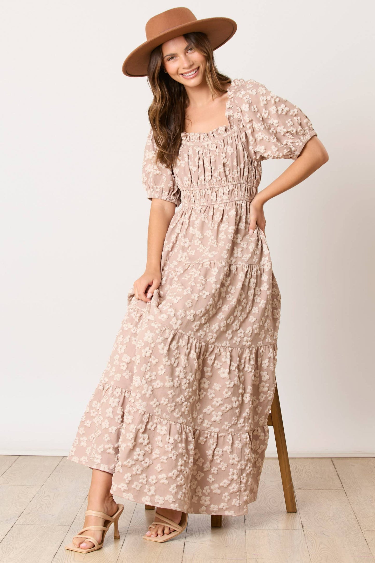 Golden Jacquard Ruffle Detail Maxi Dress - Preorders