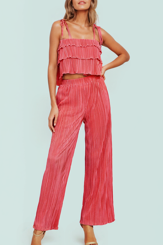 Ruffle Tiered Cami Pleated Wide Leg Pants Set