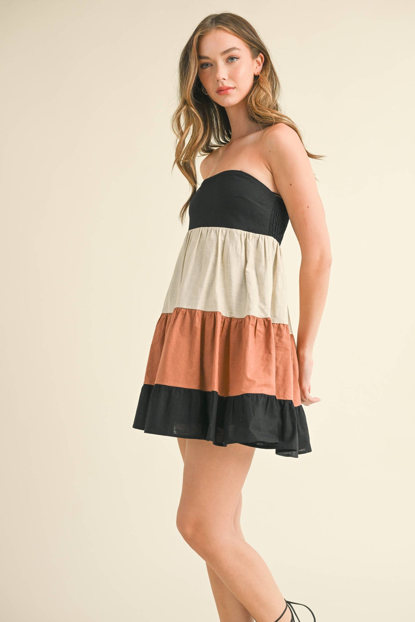 ID8180 POPLIN COLORBLOCK TUBE MINI DRESS WITH SMOCKING