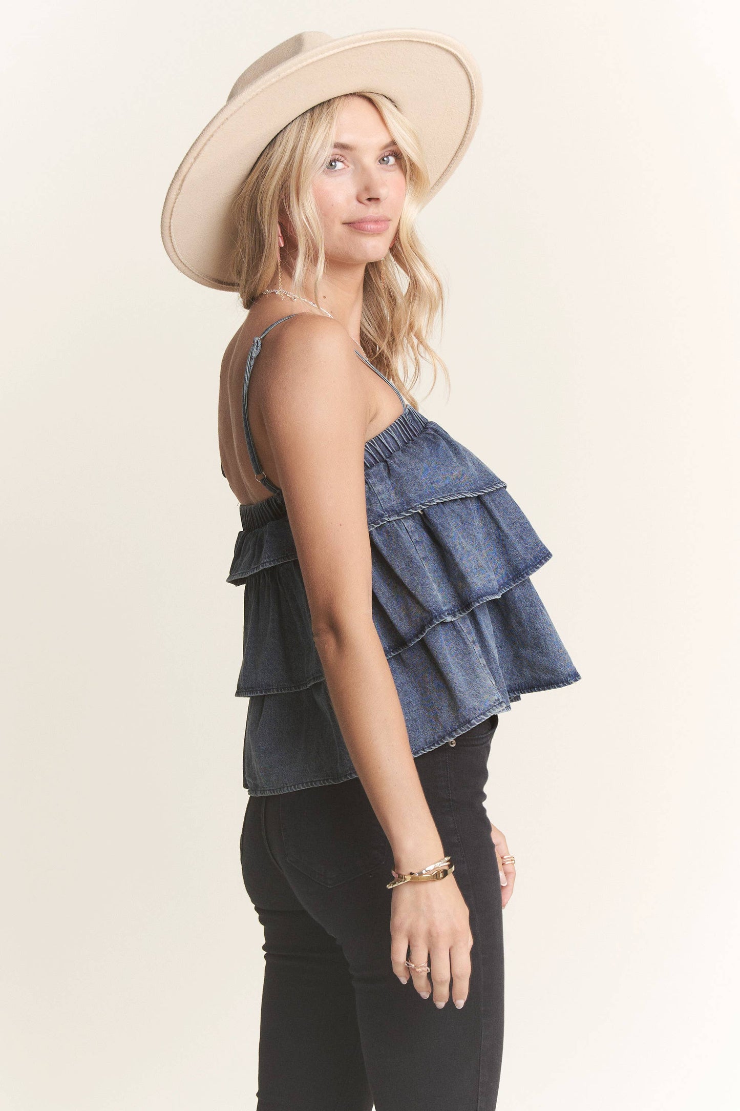 LET3696- WASHED DENIM LAYERED BABYDOLL TANK TOP