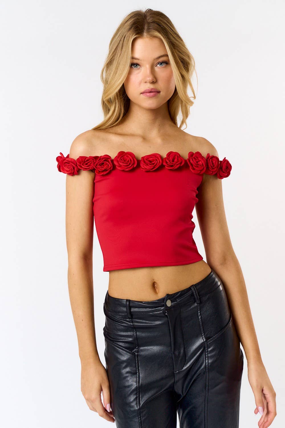 IBT32035 ROSETTE OFF-SHOULDER CROP TOP