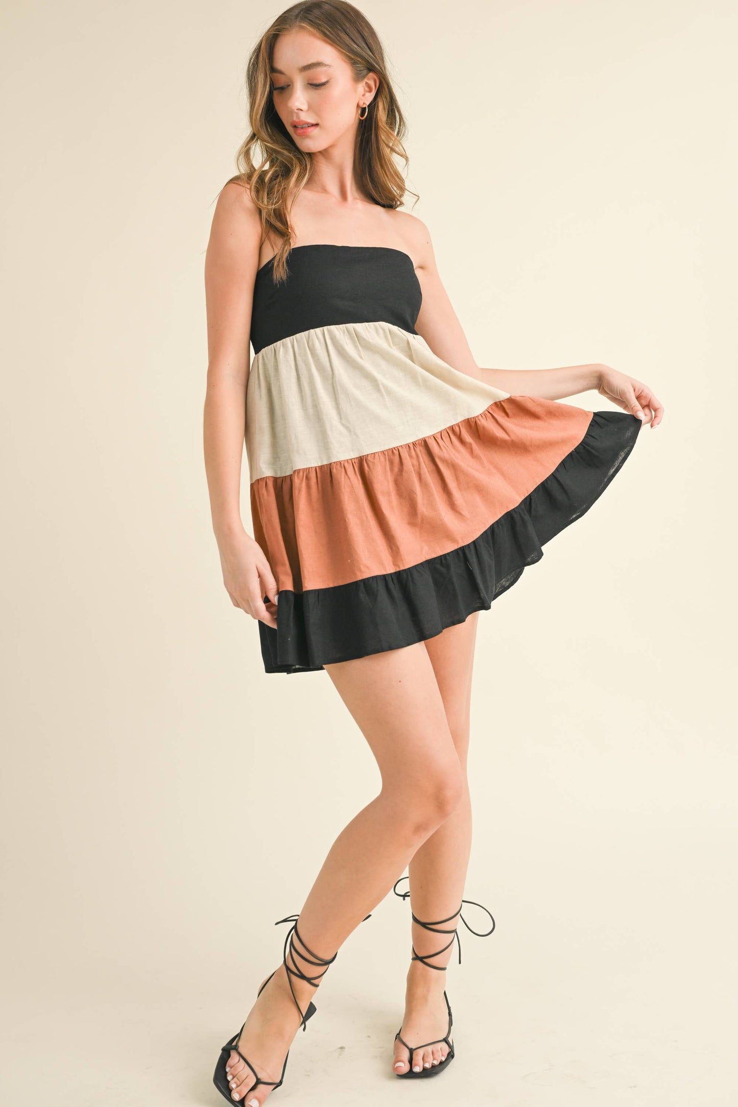 ID8180 POPLIN COLORBLOCK TUBE MINI DRESS WITH SMOCKING