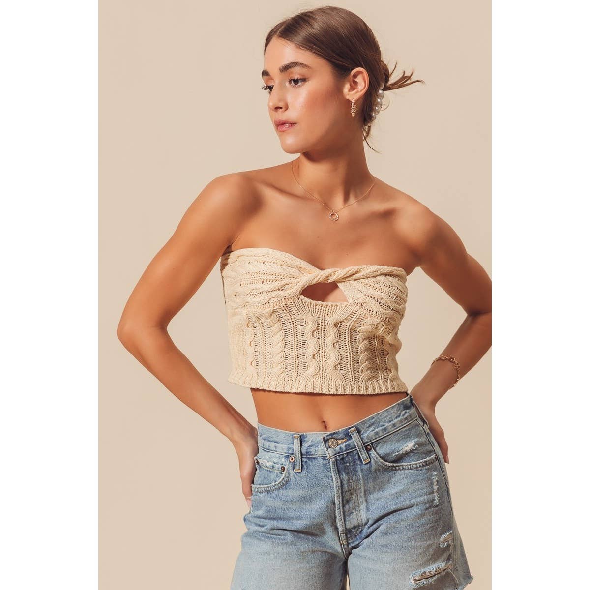 TWISTED FRONT CABLE KNIT CROCHET SUMMER TUBE TOP