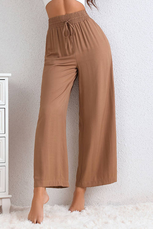 Brown Drawstring Elastic Waist Casual Wide Leg Pants