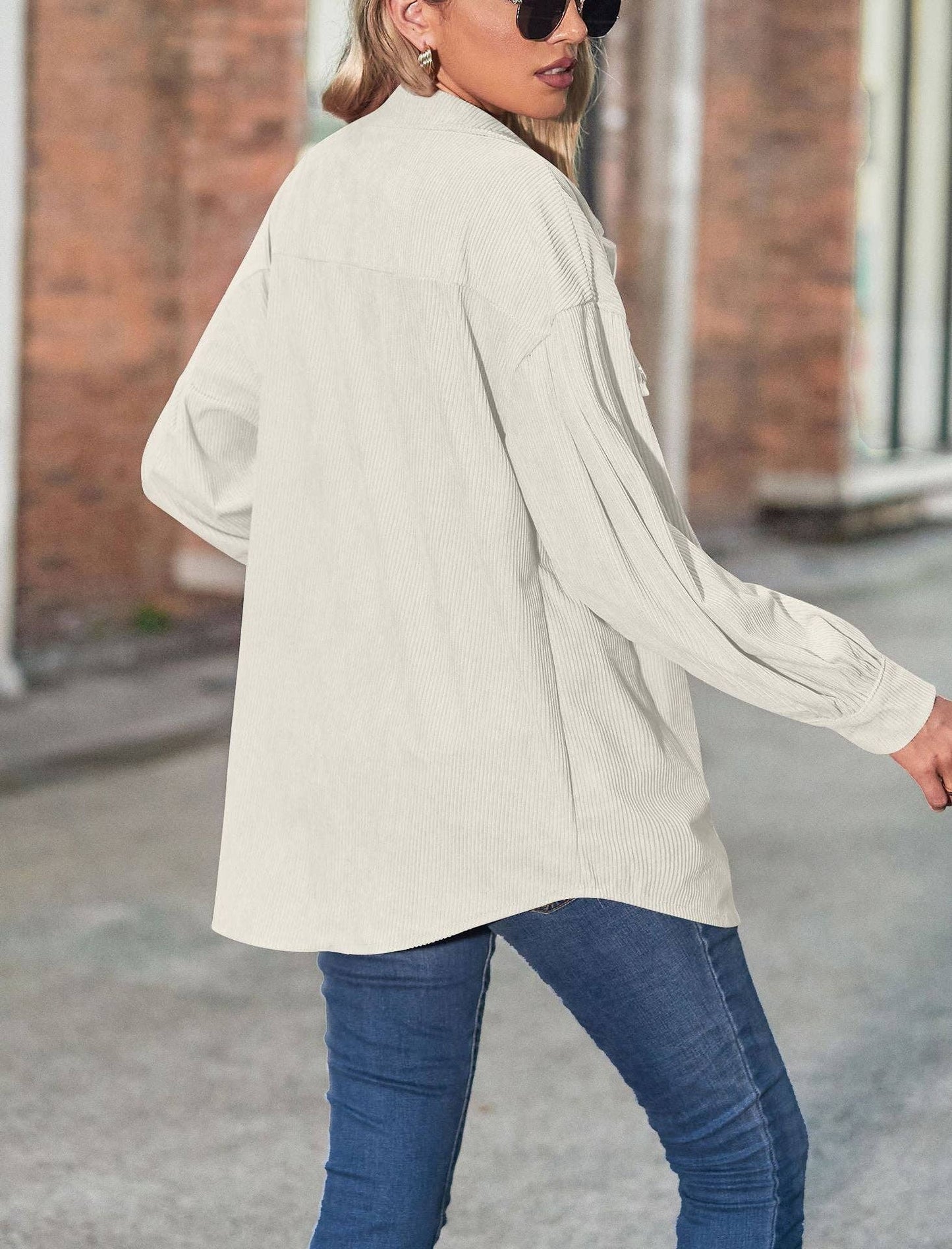 Women's Casual Loose Lantern Sleeve Corduroy Shirt