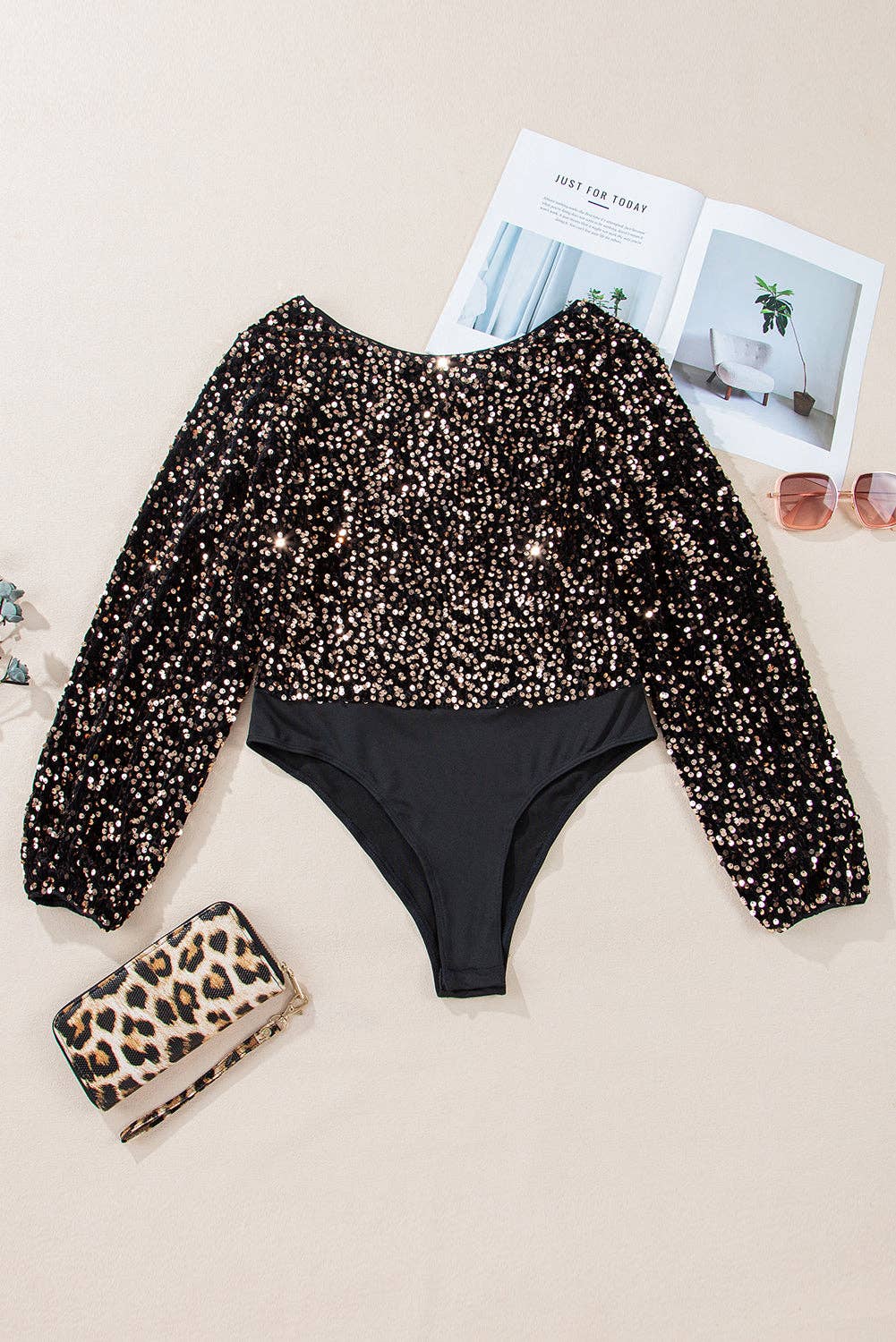 Sequin Deep V-Back Puff Sleeve Bodysuit