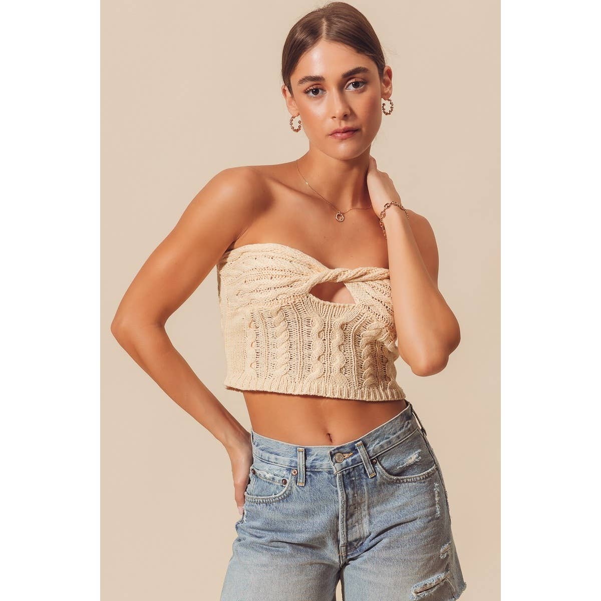 TWISTED FRONT CABLE KNIT CROCHET SUMMER TUBE TOP