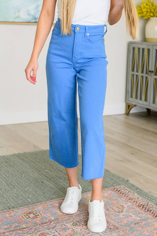 Judy Blue High Rise Control Top Wide Leg Crop Jeans in Sky Blue