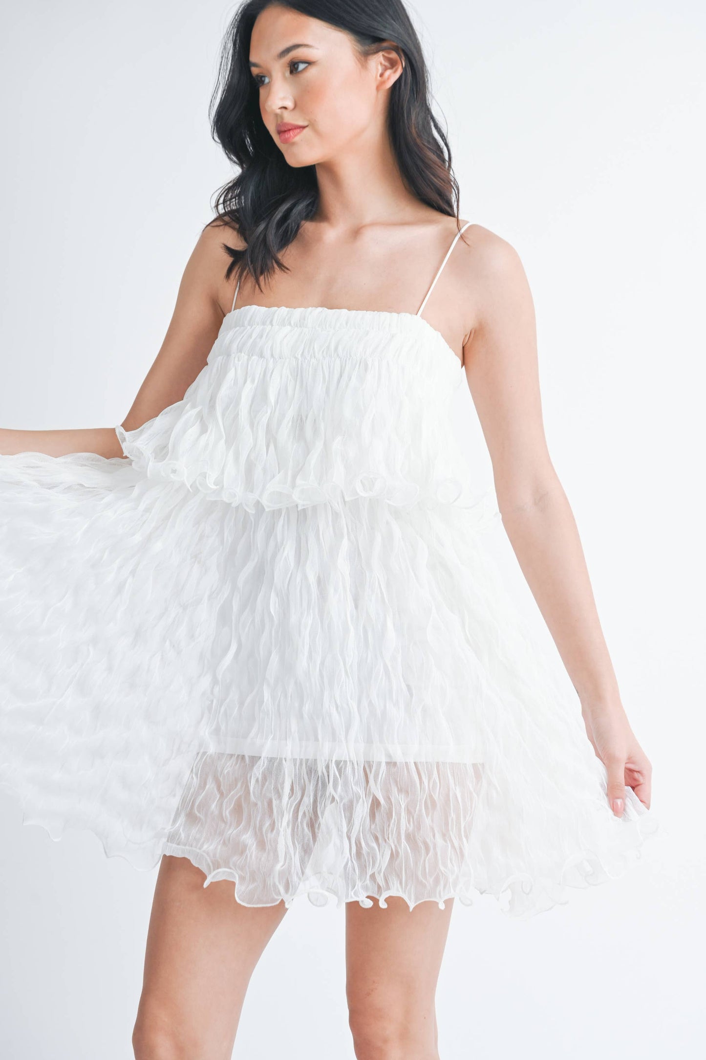 ID7877 PLEATED TULLE RUFFLED TIERED MINI DRESS