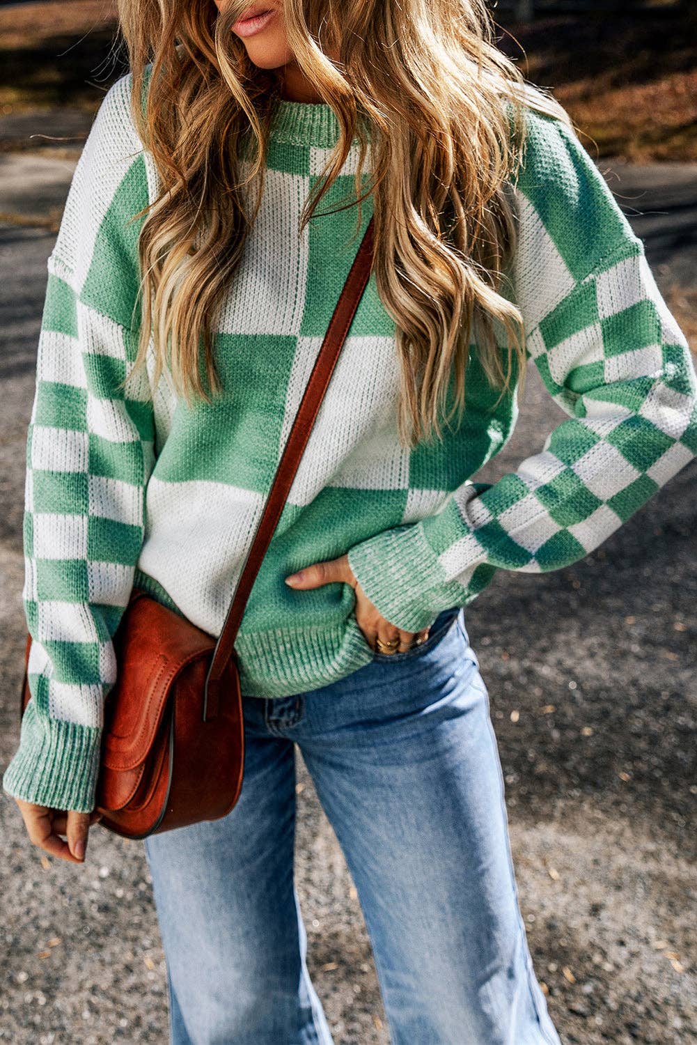 Checker Patchwork Ribbed Trim Sweater