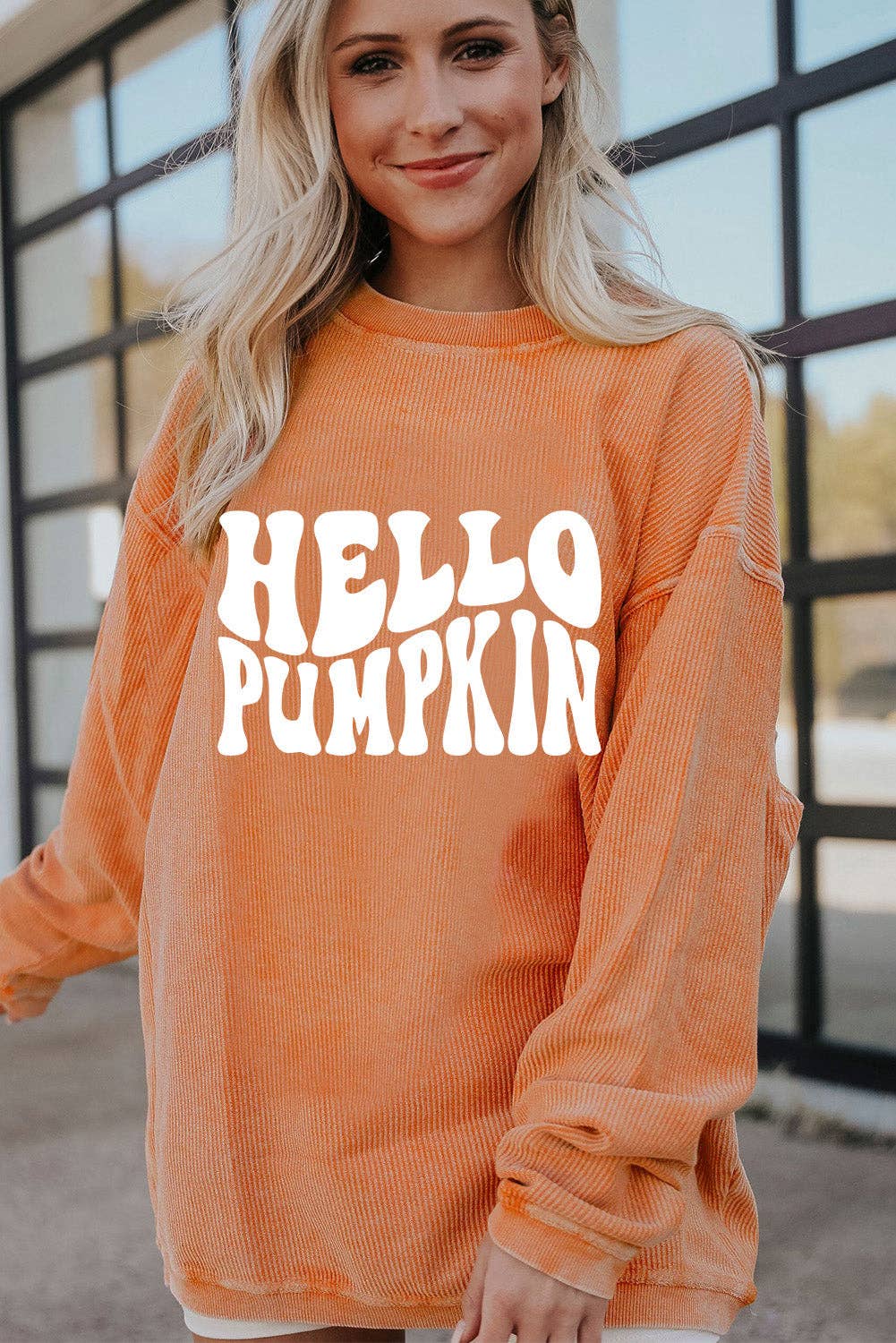 Orange HELLO PUMPKIN Letter Graphic Corded Sweatshirt