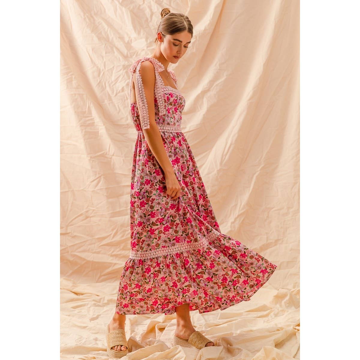 FLORAL MAXI DRESS WITH RIBBON TIE LACE STRAP