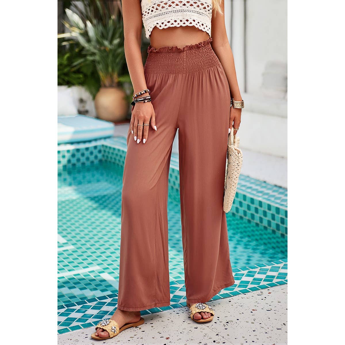 High Elastic Waist Wide Straight Leg Pockets Pants