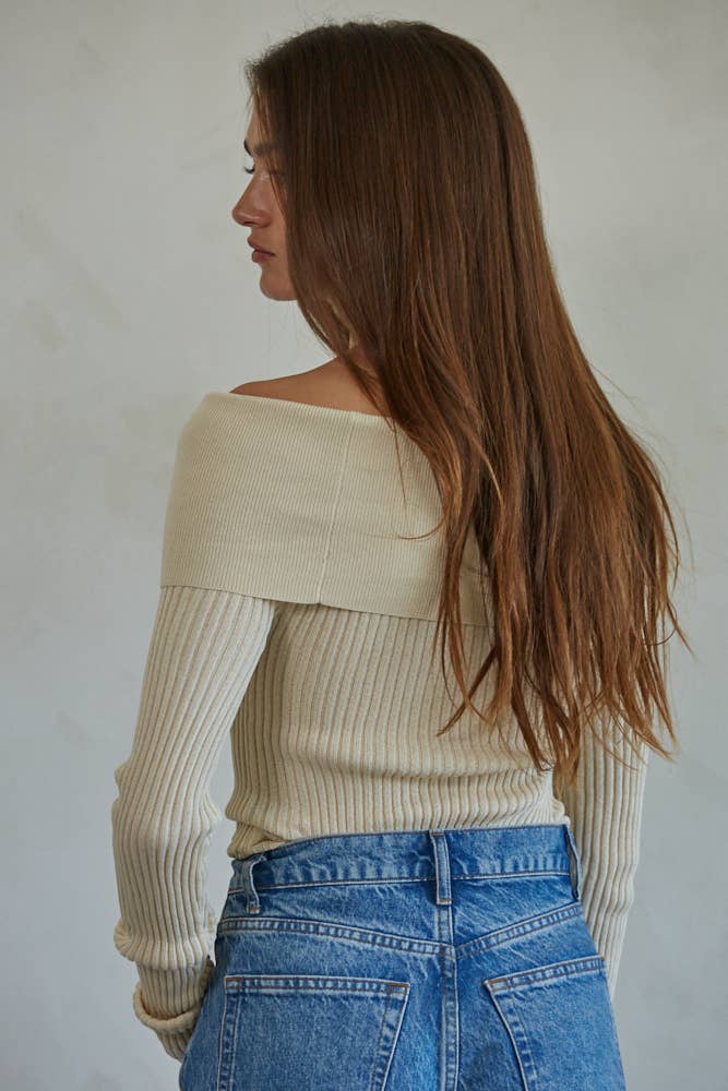 W1695 | Knit Sweater Ribbed Foldover Off The Shoulder Top