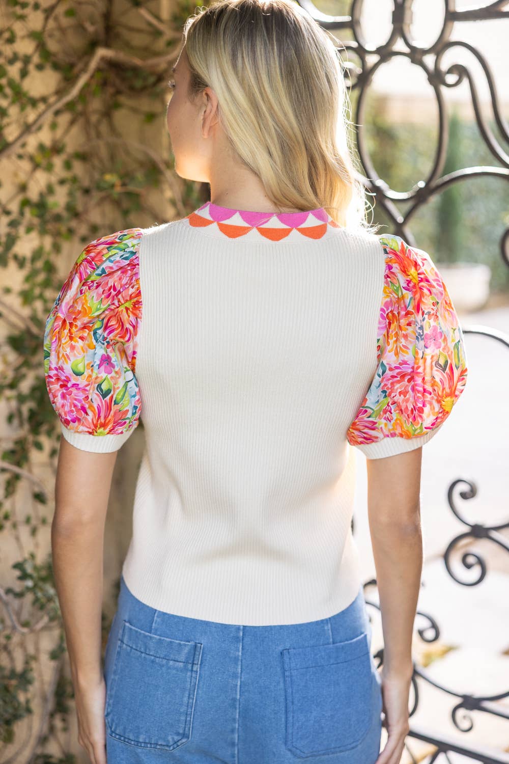 Floral Contrast Sleeve Solid Ribbed Knit Top