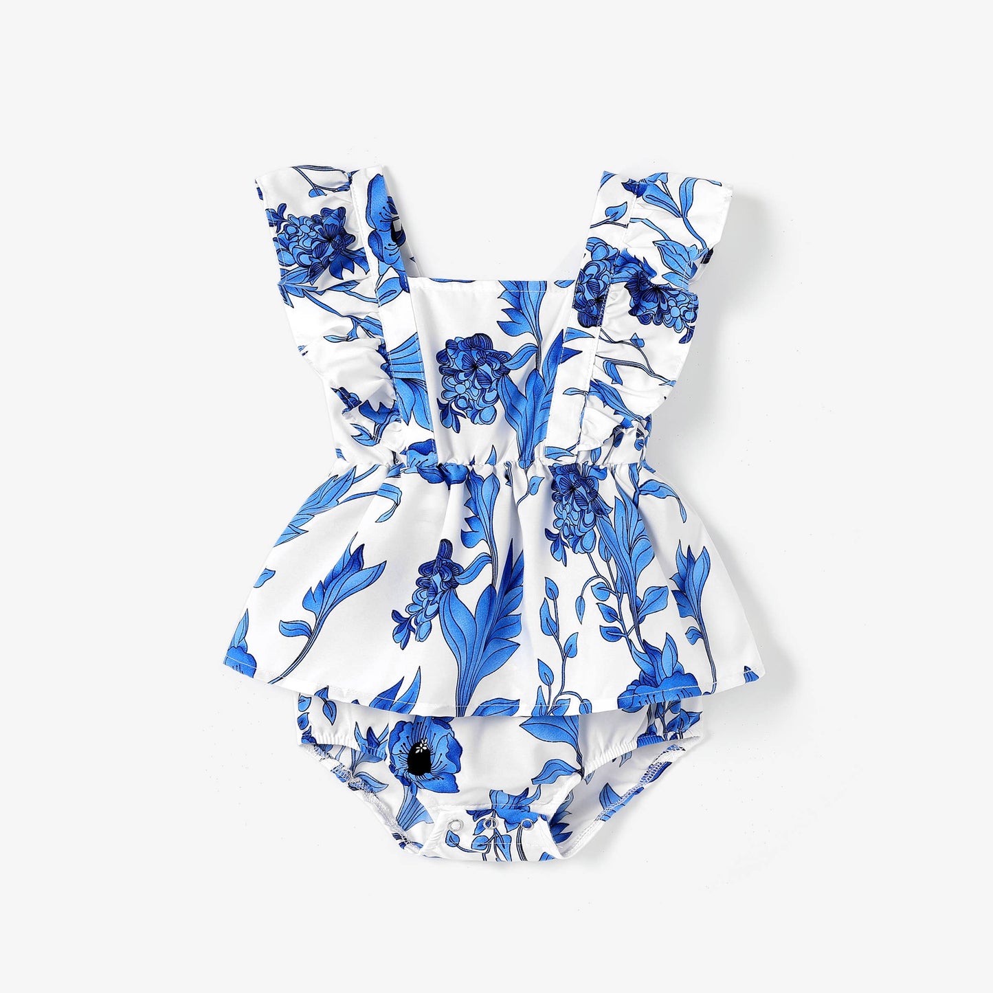 Mommy and Me Blue Floral Shirred Top Ruffle Hem Strap Dress