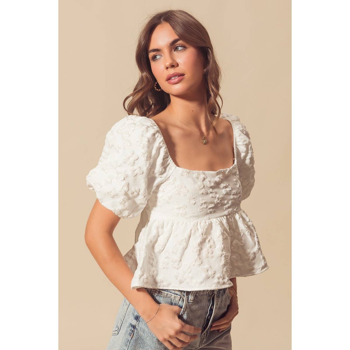 FLOWER JACQUARD BABYDOLL CROP TOP WITH TIE BACK