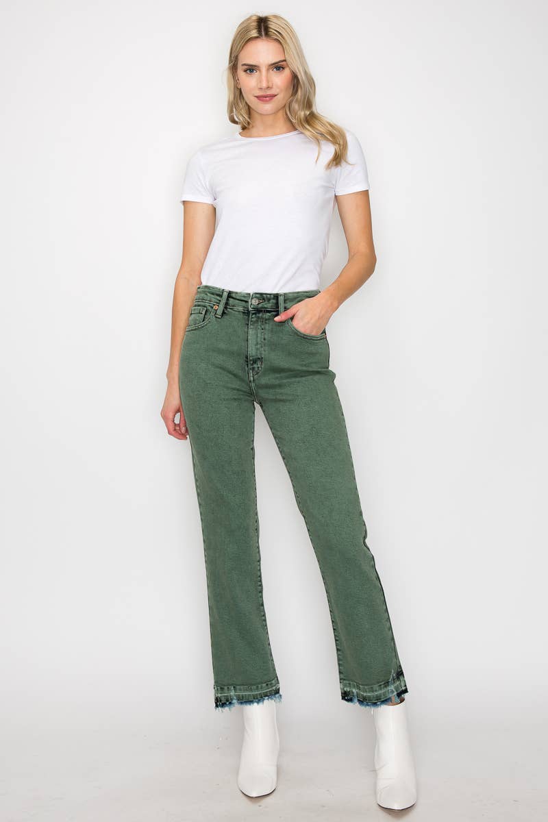 OLIVE TUMMY CONTROL HIGH RISE SLIM STRAIGHT JEANS