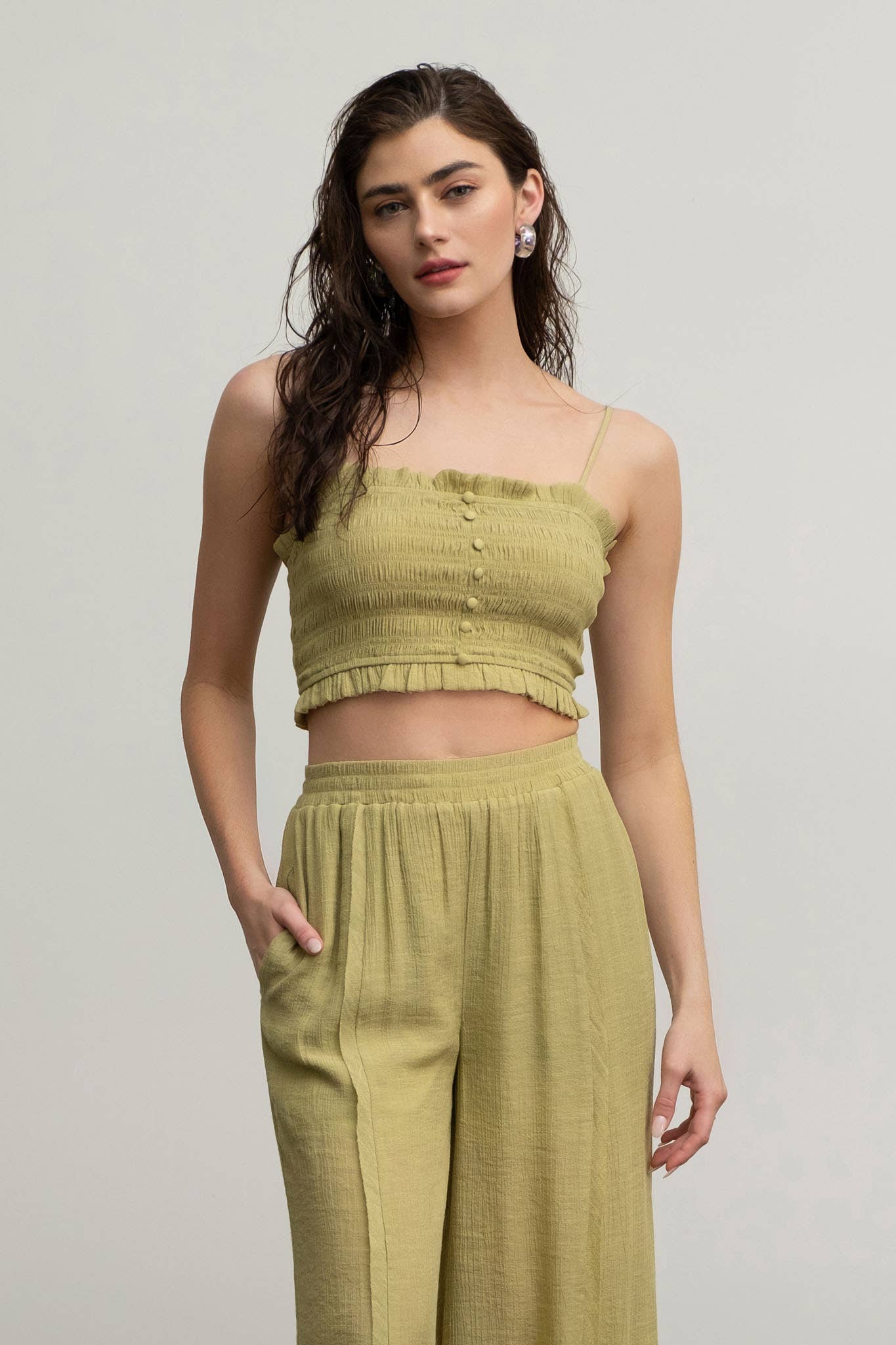 SMOCKED BUTTON DOWN SLEEVELESS CROP TOP