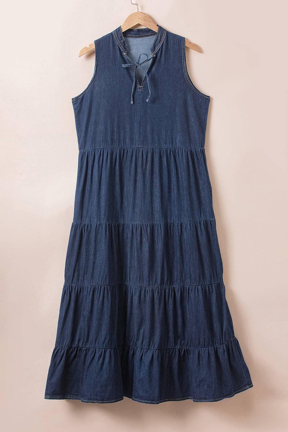 Solid Color Sleeveless Tiered Chambray Maxi Dress