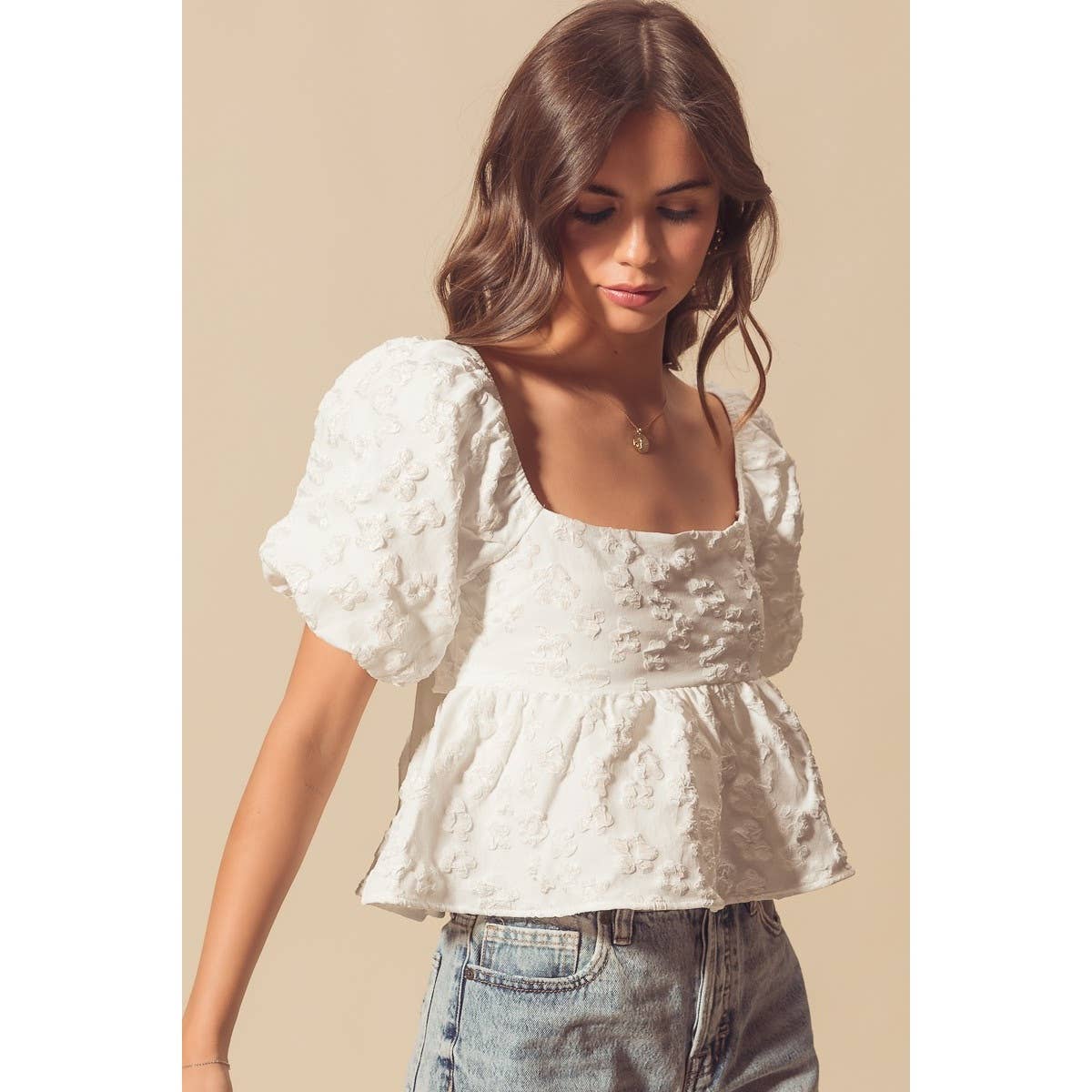 FLOWER JACQUARD BABYDOLL CROP TOP WITH TIE BACK