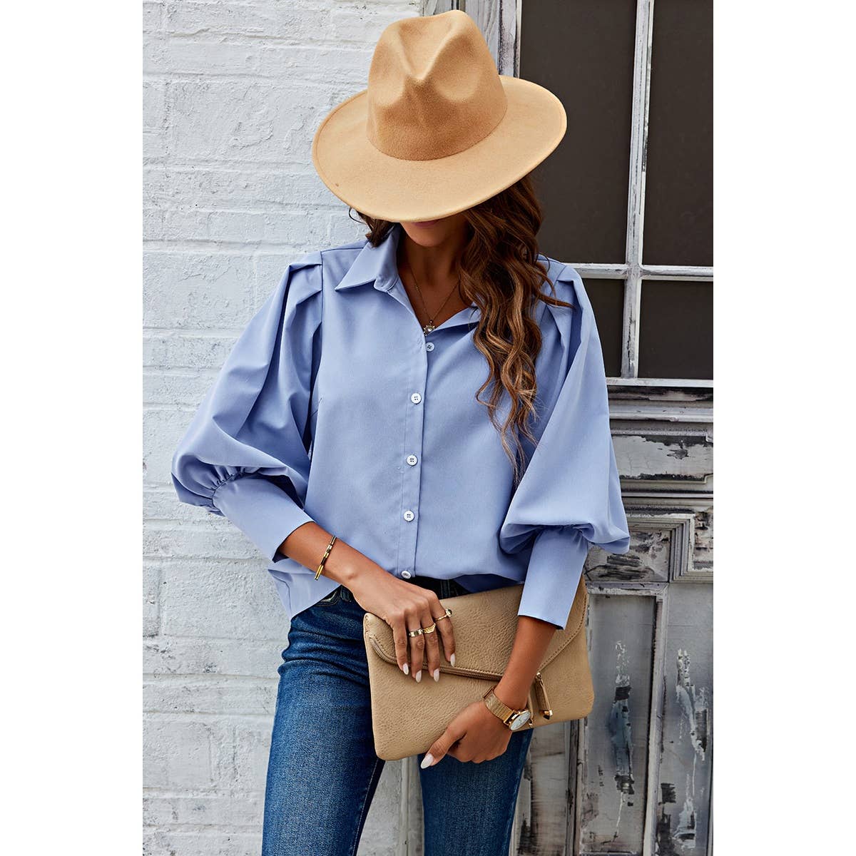 Puff Wide Sleeves Button Up Loose Fit Blouse