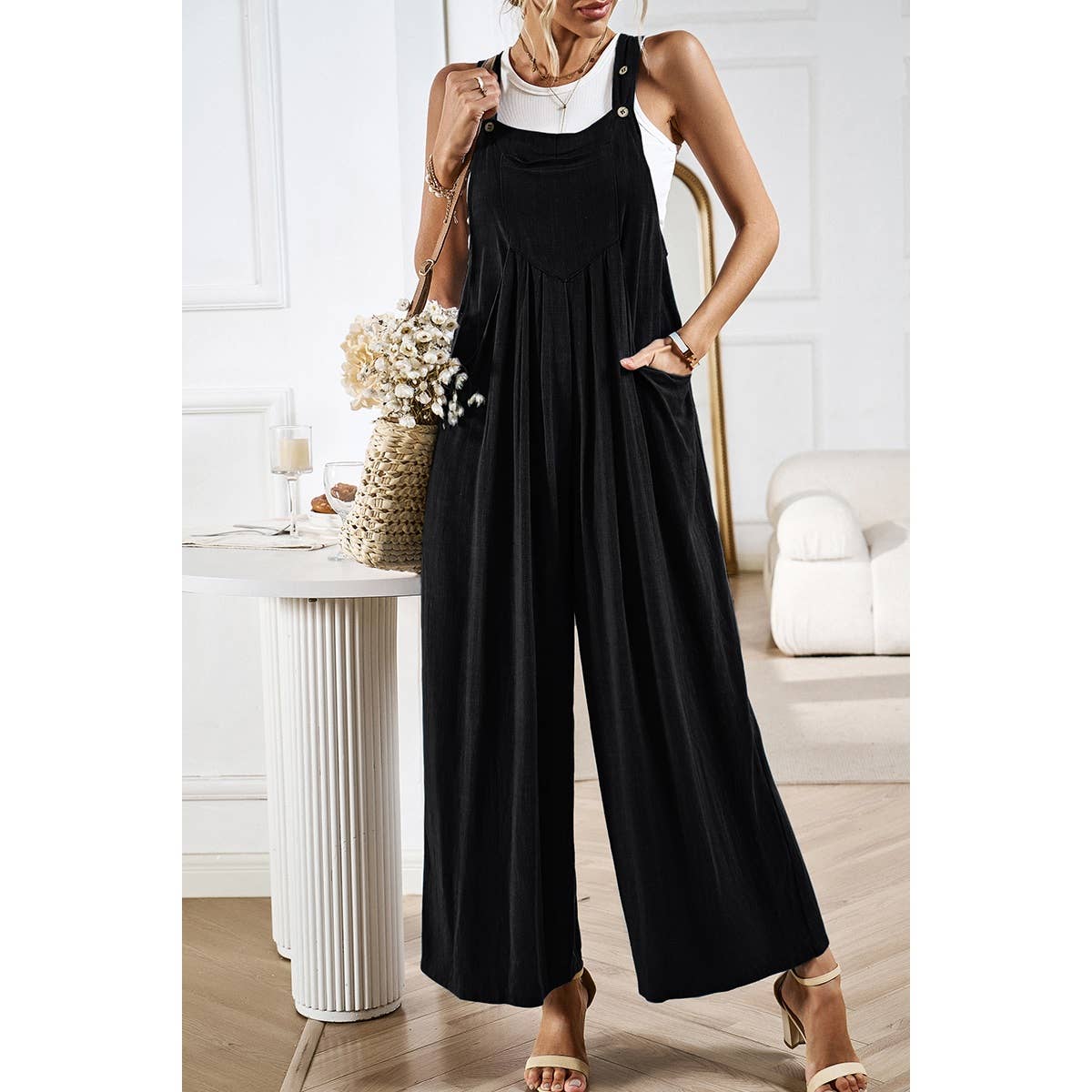 Solid Wide Leg Pocketed Shoulder Tie Overalls