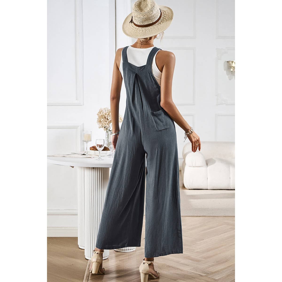 Solid Wide Leg Pocketed Shoulder Tie Overalls