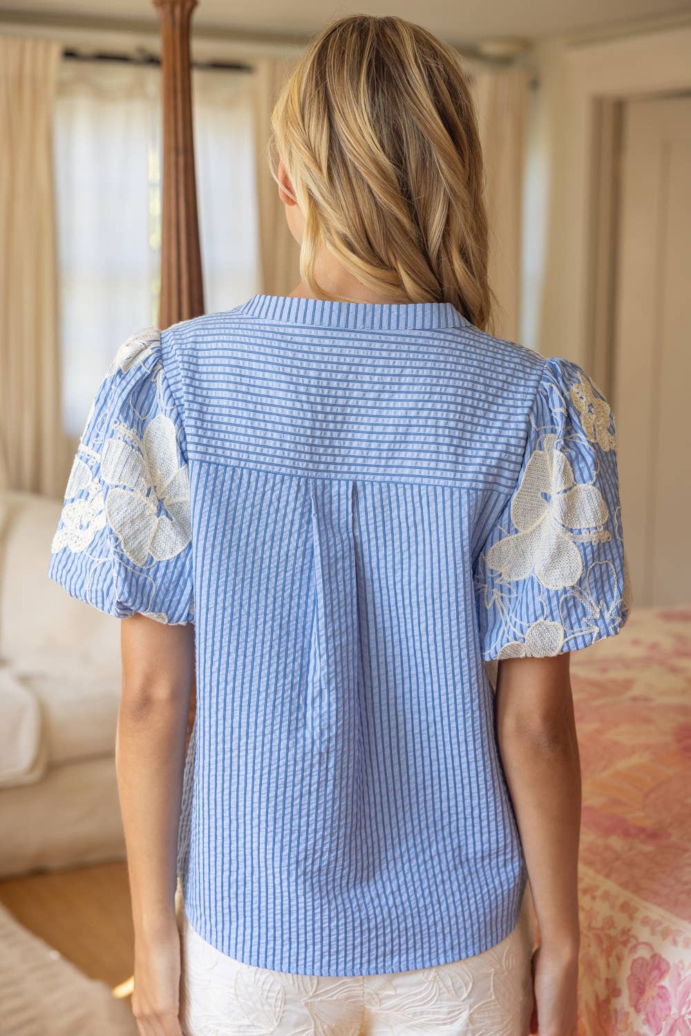 Floral Embroidered Cover Button Down Stripe Top