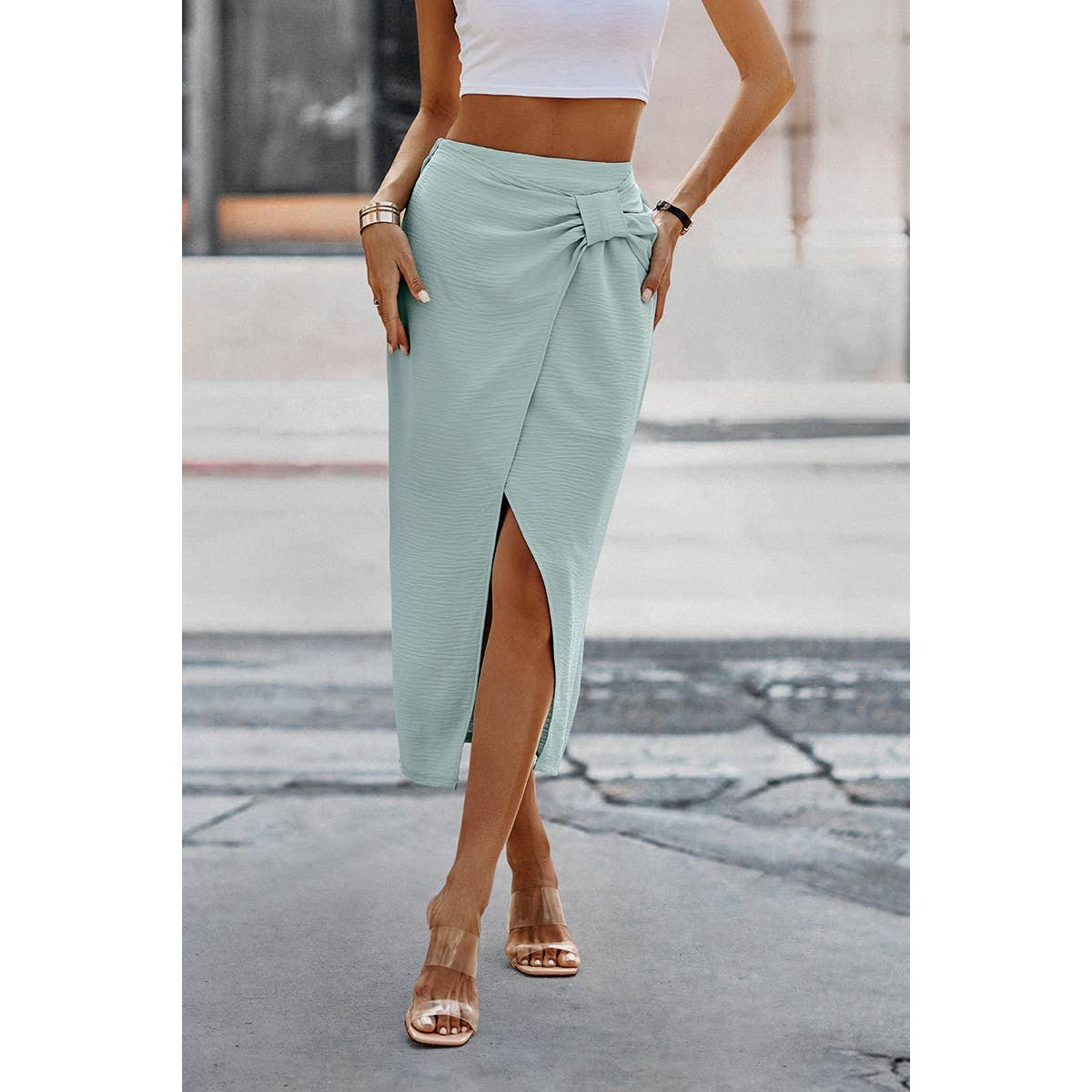 Solid Wrap Cross Self Belt Skirt