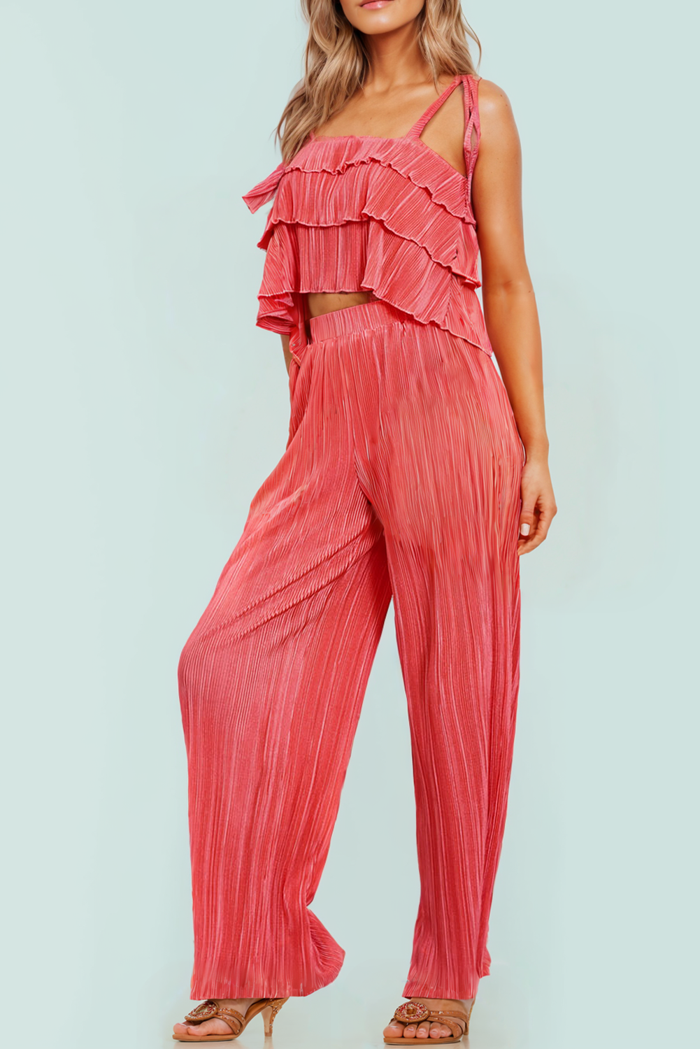 Ruffle Tiered Cami Pleated Wide Leg Pants Set